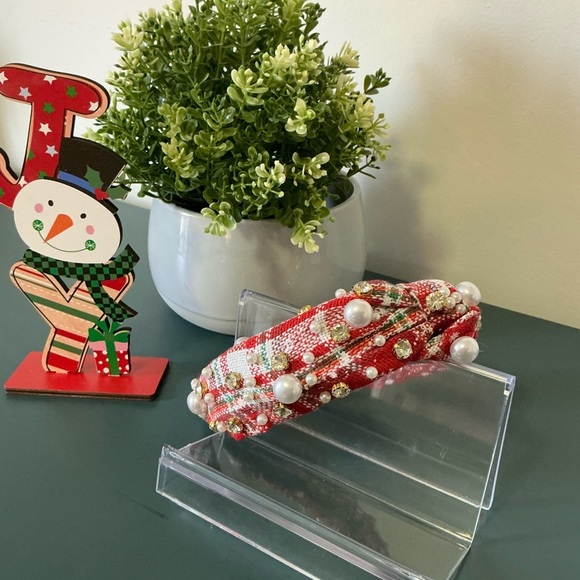 Festive Red Plaid Top Knot Headband with Pearls #1 - Picture 2 of 4
